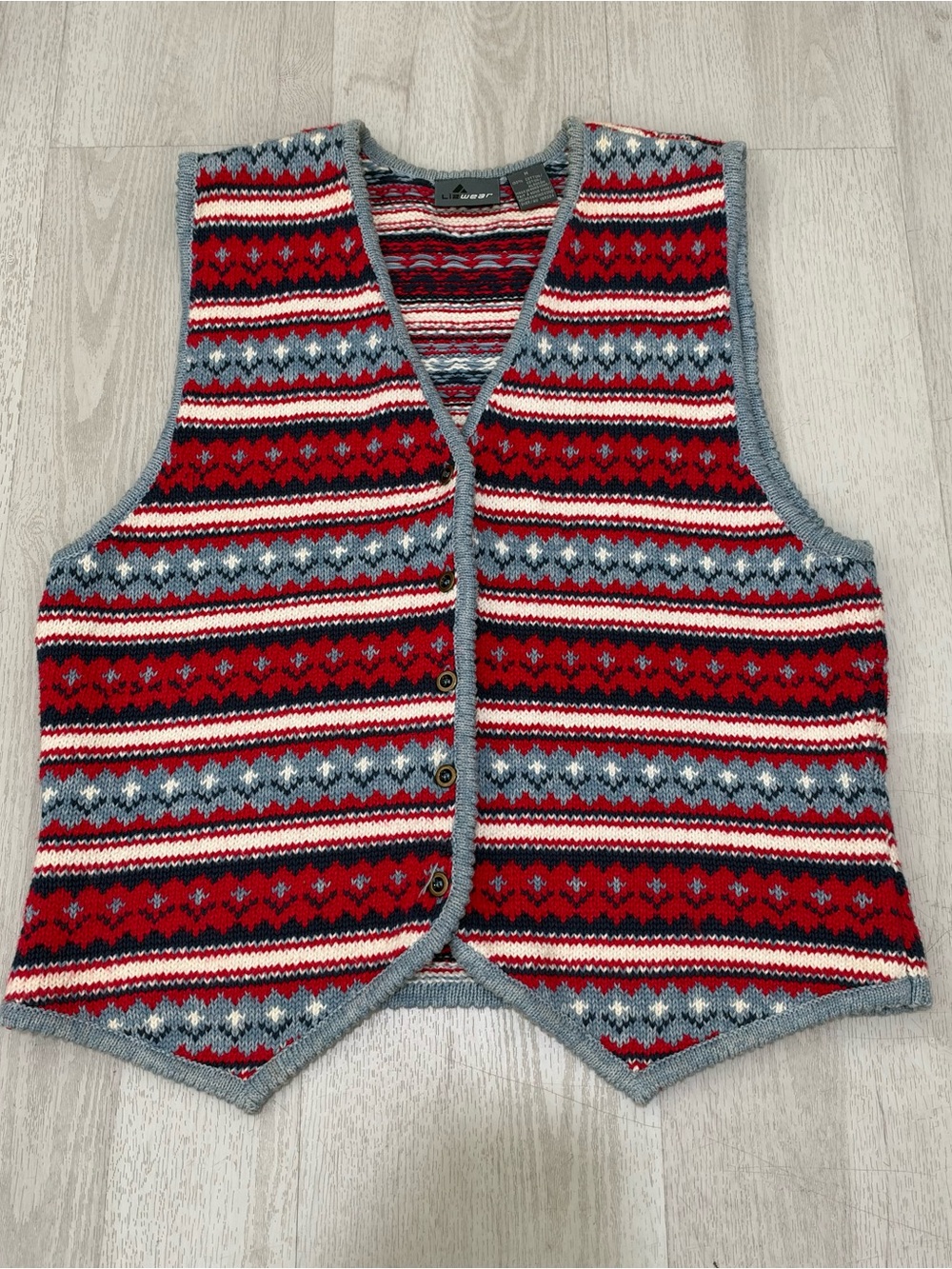 Lizwear Vintage Fair Isle Patterned Cotton Knit Vest (Red / Navy / Grey) Size M